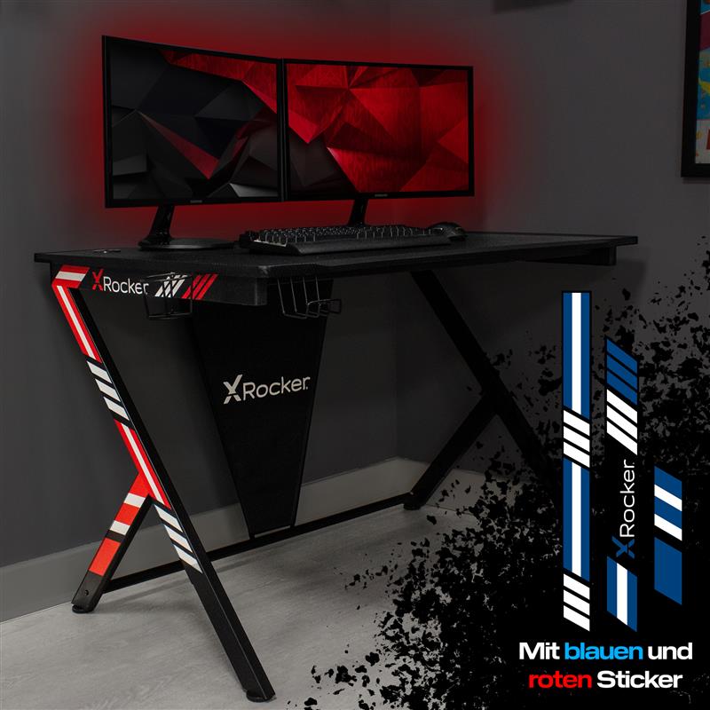 Ocelot Aluminium Carbon Gaming Tisch mit Stickern in Rot & Blau