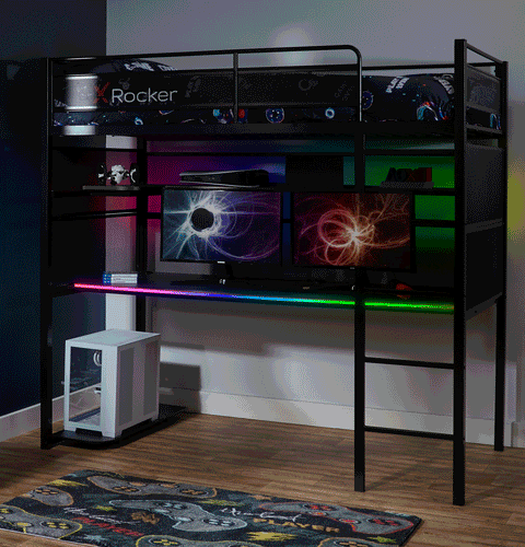 Gaming high sleeper bunk bed with app-controlled RGB LED lights, a spacious desk, and a modern black metal frame.
