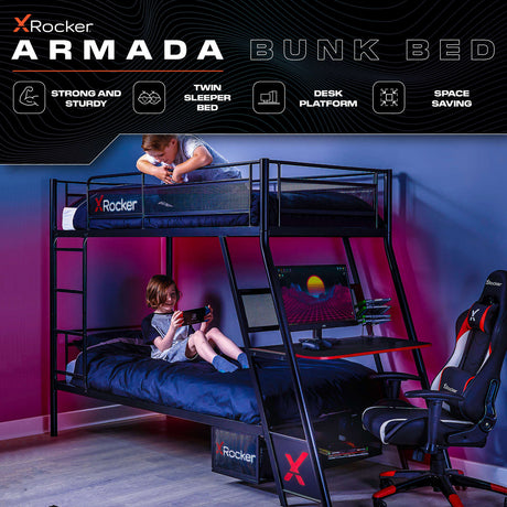 Armada 2-Personen Gaming Etagenbett mit Treppe & Schreibtisch - X Rocker EU