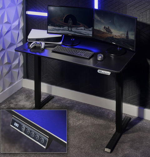 Sleek black adjustable desk in gaming room setup