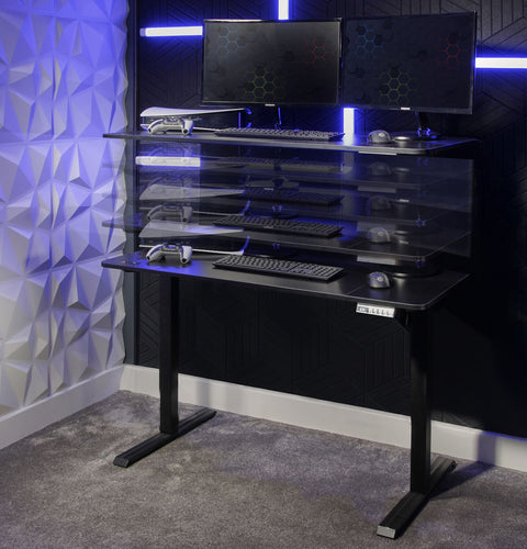 Compact black electric desk for productivity and posture