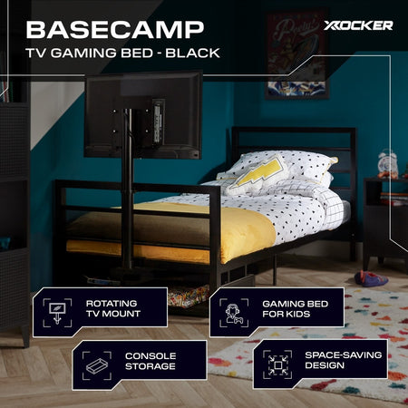 Basecamp Metall Gaming Bett mit TV-Halterung - Schwarz - X Rocker EU