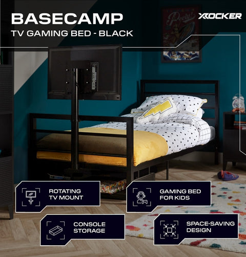 Basecamp Metall Gaming Bett mit TV-Halterung - Schwarz - X Rocker EU