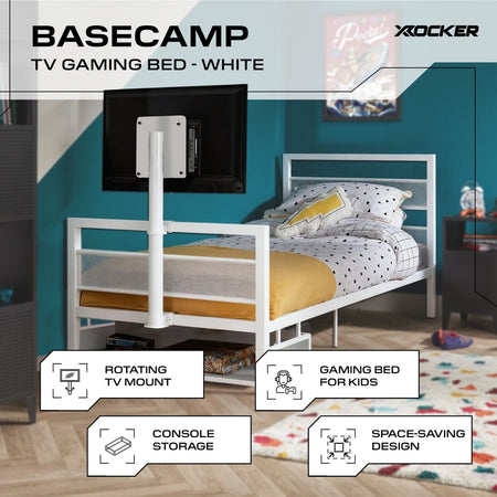 Basecamp Metall Gaming Bett mit TV-Halterung - Weiß - X Rocker EU