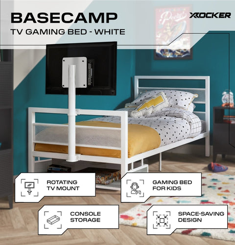 Basecamp Metall Gaming Bett mit TV-Halterung - Weiß - X Rocker EU