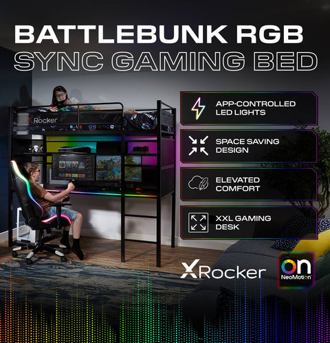 Battlebunk RGB LED Hochbett mit Schreibtisch - Schwarz