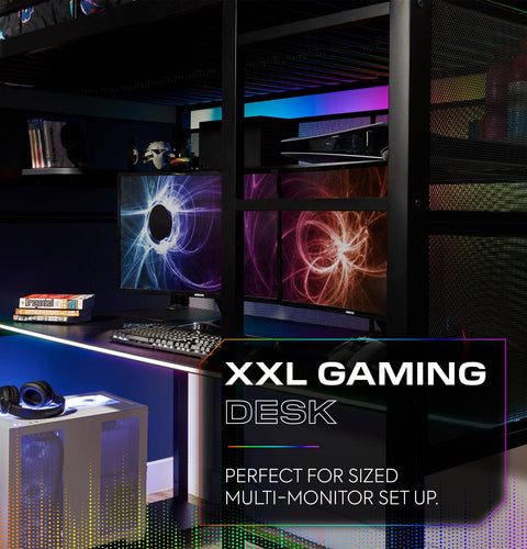 Battlebunk RGB LED Hochbett mit Schreibtisch - Schwarz