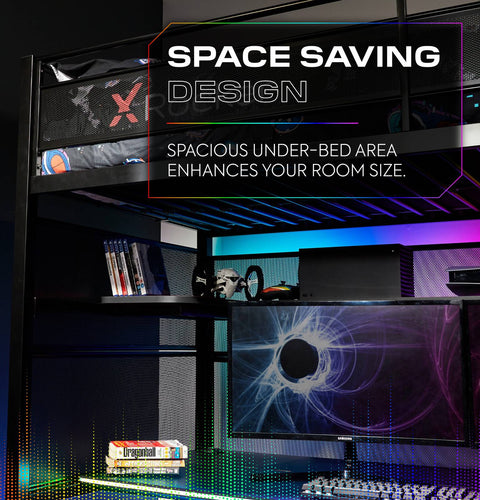 Battlebunk RGB LED Hochbett mit Schreibtisch - Schwarz