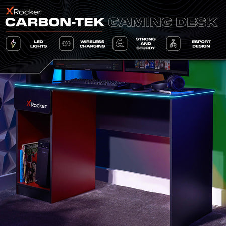 Carbon-Tek Gaming Schreibtisch mit LED-Beleuchtung & Wireless Charging - X Rocker EU