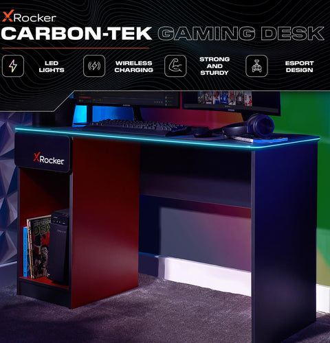 Carbon-Tek Gaming Schreibtisch mit LED-Beleuchtung & Wireless Charging - X Rocker EU