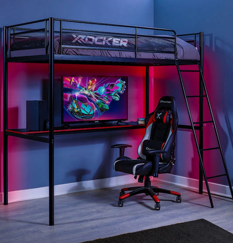 HQ Gaming Hochbett mit XL Gaming Schreibtisch & Leiter