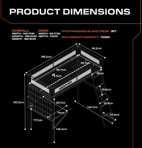 Icarus XL Gaming Hochbett mit Schreibtisch & Leiter - X Rocker EU