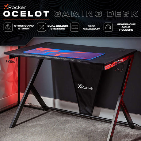 Ocelot Aluminium Carbon Gaming Tisch mit Stickern in Rot & Blau - X Rocker EU