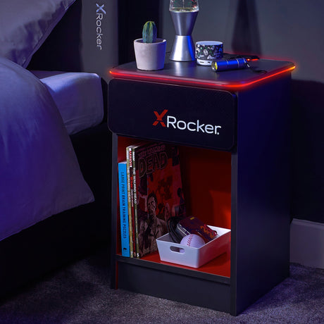 Carbon-Tek Nachttisch mit LED-Beleuchtung & Kabelloses Laden - Grau/Schwarz - X Rocker EU