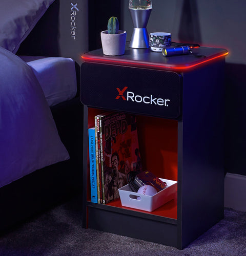 Carbon-Tek Nachttisch mit LED-Beleuchtung & Kabelloses Laden - Grau/Schwarz - X Rocker EU